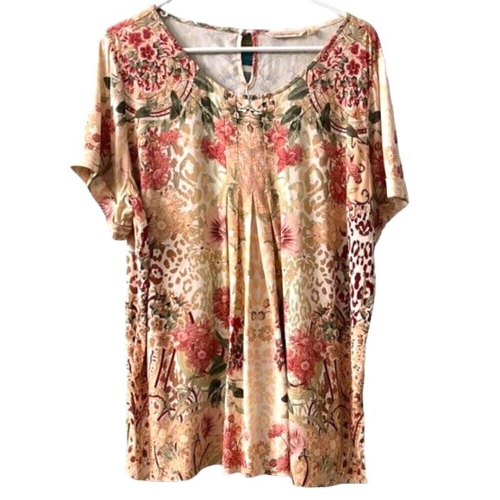 Gorgeous Soft Surroundings Pink Beige Floral Short Sleeve Rayon Top